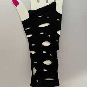 Pair of Black Grunge Holey Fingerless Forearm Length Gloves